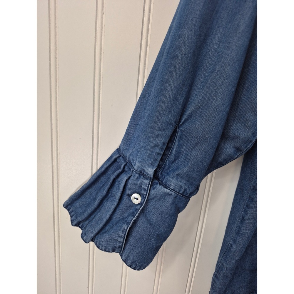 Soft Surroundings Women 1X Blue Chambray Ruffle Neck Cuff Denim Tunic Top Flowy - Picture 5 of 9